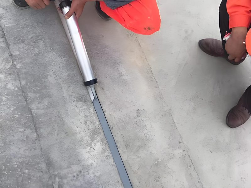 双组份聚硫密封胶施工场景：工人在水渠伸缩缝内注胶嵌缝
